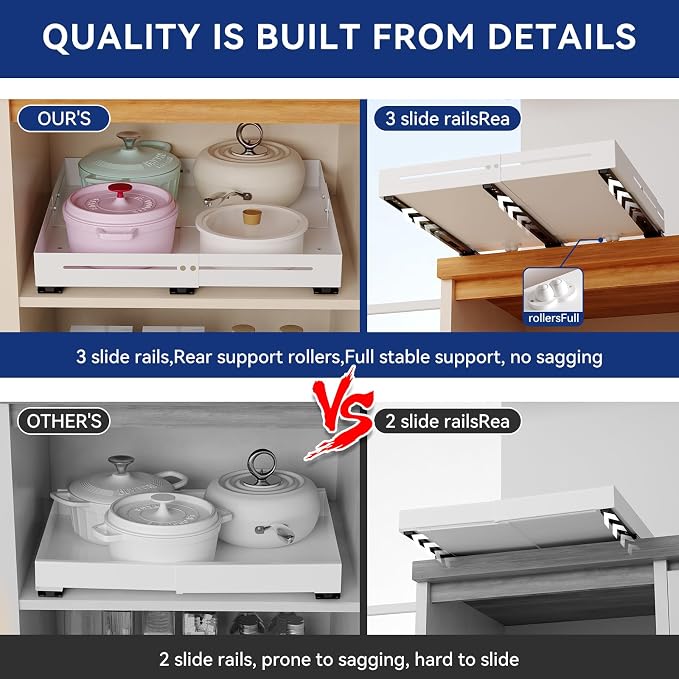 Pull out Cabinet Organizer, Full Metal Expandable Width (12.6"-20.8") & Depth (16"-24.4") Adjustable Slide out Drawers, No Drill Adhesive Roll out Shelves for Kitchen Pantry, White - Image 4