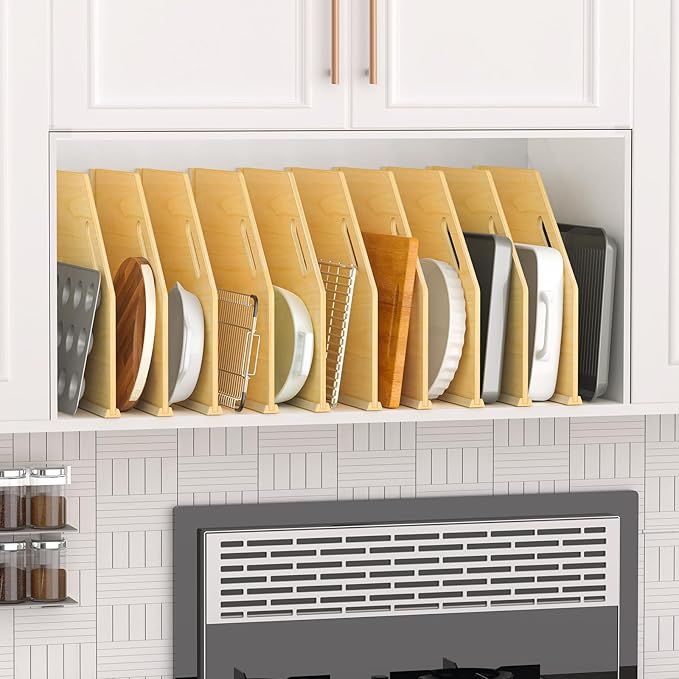 10 Pack Wood Tray Dividers Organizer For Kitchen Cabinet | Adjustable Vertical Cookie Sheet Organizer, Cabinet Dividers Organizer For Pots, Cutting Board, Pans, Lids, Baking Sheets - Image 7