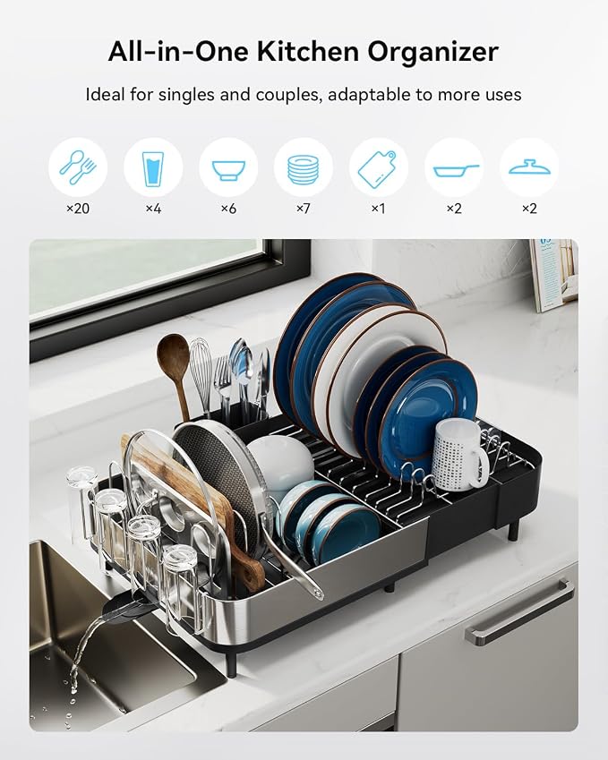 Expandable Dish Drying Rack, Versatile Brackets for Pots & Pans, Space Saving Kitchen Drying Rack, Dish Racks for Kitchen Counter, Stainless Steel Dish Drainers with Extendable Spout, Black - Image 2