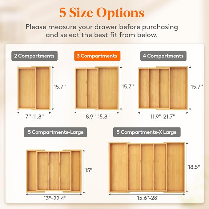 Lifewit Utensil Organizer for Kitchen Drawer, Expandable Cooking Utensil Tray, Cutlery Silverware Flatware Holder, Wood Adjustable Spatula Tools Storage Divider, 8.9-15.8 x 15.75, Natural - Image 2