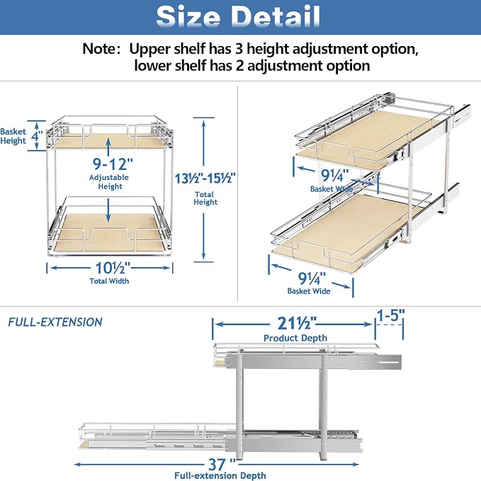 ROOMTEC 2 Tier Individual Pull Out Cabinet Organizer 10½"W x 21½"D, Slide Out Wood Shelves Organizers, Pull Out Drawers Organization and Storage for Kitchen Cabinet - Image 3