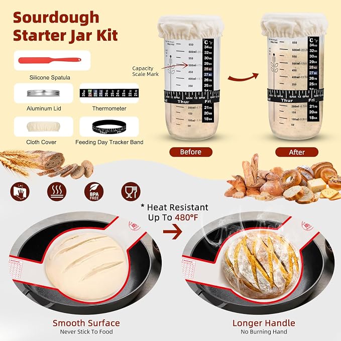 Bread proofing baskets for sourdough 19-Piece Set ，9" Round & 10" Oval Sourdough basket，Sour dough tools，Including bread pull ring, dough mixer,Complete Sour dough starter kit - Image 4