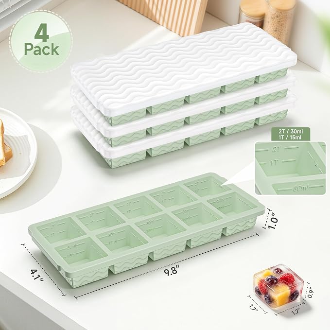 Ice Cube Tray with Lid (4-Pack), 2 Tbsp Large Silicone Freezer Molds, Perfect for Coffee Whiskey Cocktail Ice Making, Stackable Freezer Containers for Storing Sauce, Garlic, Herbs, Ginger - Image 2