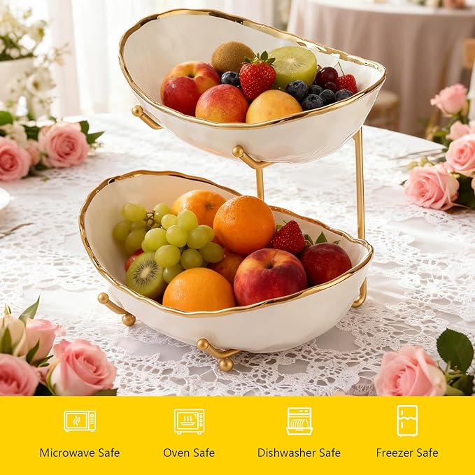 2 Tier Ceramic Fruit Bowl for Kitchen Counter with Metal Rack, Fruit Basket with Stand, Porcelain Bowls for Vegetable Bread Candy Snack Nuts Dessert Cake Tray (Gold 2 layer) - Image 5