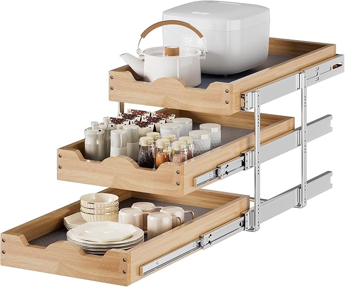 DINDON 3 Tier Pull Out Cabinet Organizer 14”W X21”D Slide Out Shelves With Shelf Liner for Kitchen Wood Roll Out Drawers Pantry Organization by DINDON