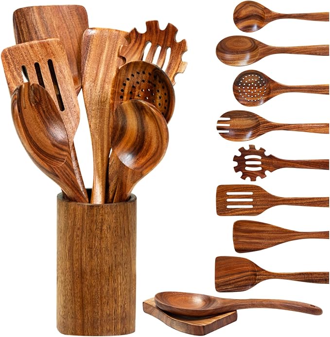 10 Pcs Teak Wooden Utensil Set, Wooden Spoons for Cooking | Non-Toxic & Nonstick Safe Kitchen Utensil, Durable Comfort Grip, Heat Resistant Wood Cookware with Holder and Spoon Rest by Vorisebo