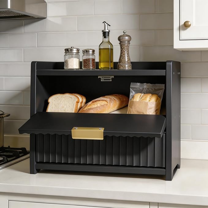 Large Bread Box for Kitchen Counter, Double Layer Wooden Bread Storage Container with Top Shelf, Countertop Organizer Cabinet for Bread, Bagels, Pastries, Coffee Station and Kitchen Essentials (Black) - Image 5
