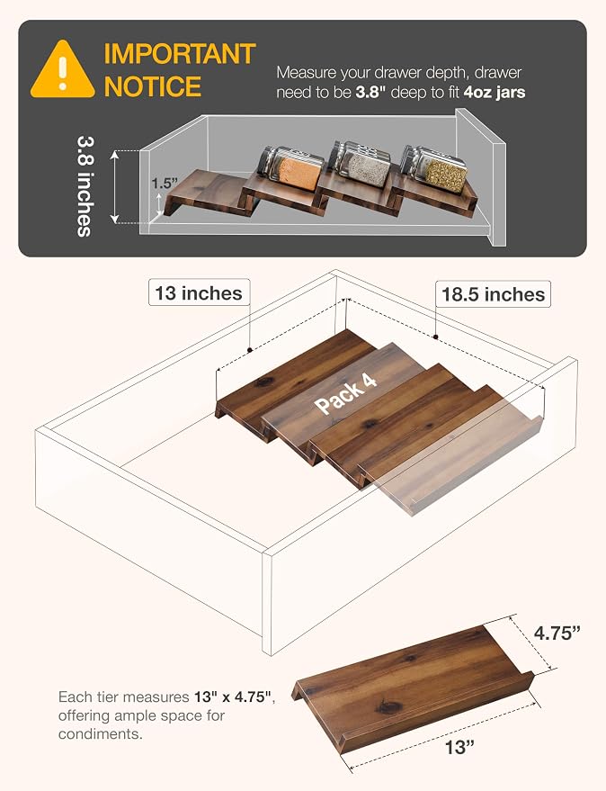 Tinamo Acacia Wooden Spice Rack Organizer for Cabinet - Spice Drawer Insert, Spice Organization for Cabinet, Seasoning Organizer, Spice Holder Pack of 4 (Walnut, Pack 4) | Acacia Wood Construction, No assembly, Stackable 4-tray Design, Spacious for up ... - Image 2