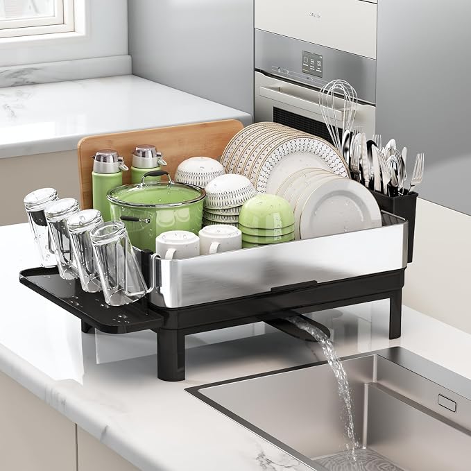 1 Tier Large Stainless Steel Dish Drying Rack with Drain Board | Space Saving, Rust Proof Metal, Automatic Drainage Drainer for Kitchen Counter, Modern Black and Silver for Pots and Pans - Image 2