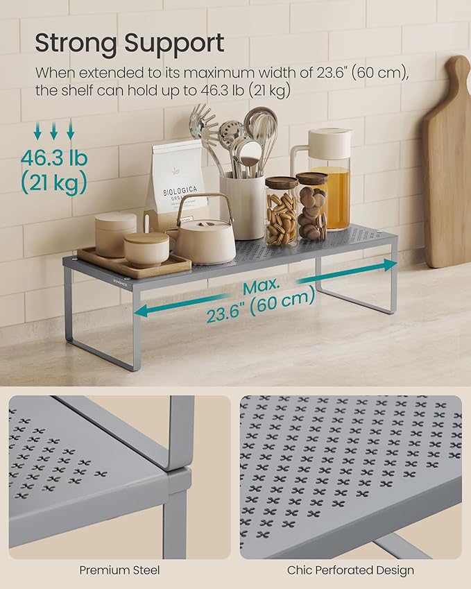 SONGMICS Spice Racks Expandable Kitchen Countertop Shelves, Metal | Set of 2 small cupboard organizers, space-saving tabletop shelves, Silver, UKCS402FG01 - Image 4