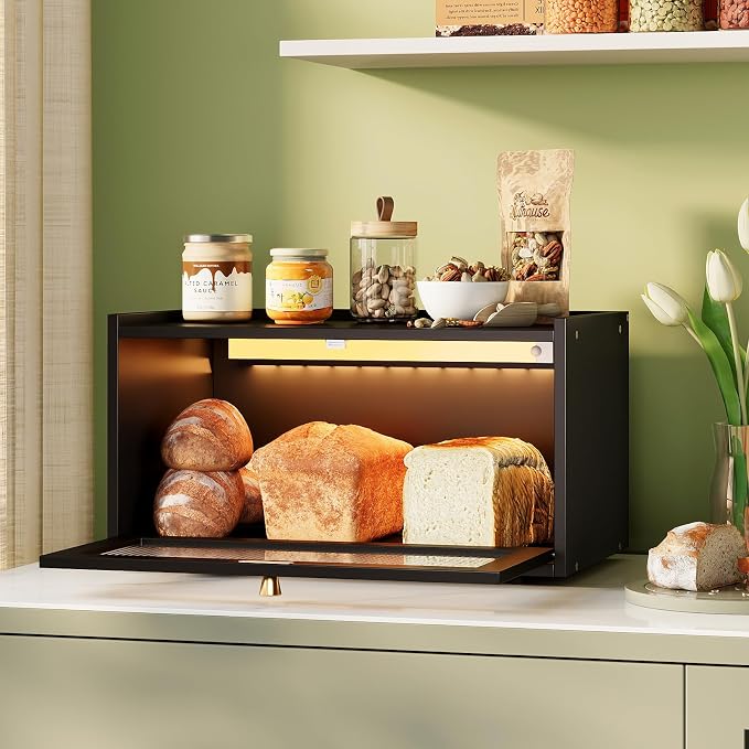 Trironsun Bamboo Bread Box with Led Light for Kitchen Counter Large Capacity Bread Storage Container Kitchen Countertop Organizer with Window Bread Holder (Black) - Image 7