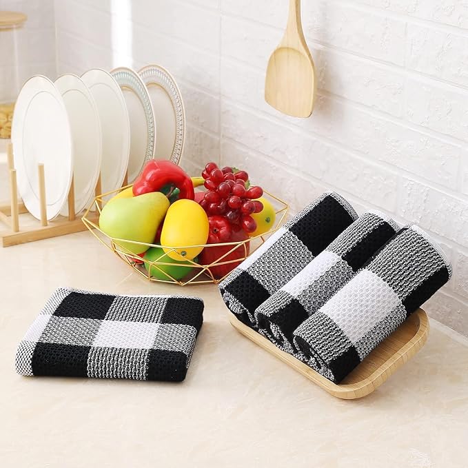 Homaxy Kitchen Towels and Dishcloths Set, Set of 10, White & Black | Bulk Cotton Waffle Weave Check Plaid Kitchen Towels, Super Soft and Absorbent Dish Cloths, 12 x 12 and 13 x 28 Inches - Image 8