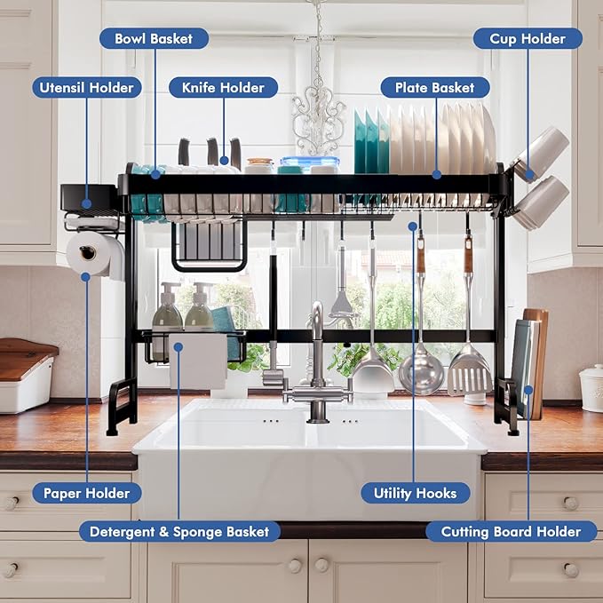 LIVOD Over Sink Dish Drainer Drying Rack, 2 Tier Full Stainless Steel Storage Adjustable Length Kitchen Rack, Multifunctional Expandable Counter Organizer, Space Saver Dish Rack - Image 2