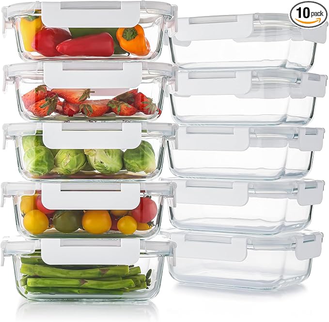 Cuiselect 10 Pack 22 Oz Glass Meal Prep Containers with Lids, Reusable Glass Food Storage Containers with Lids, Leak Proof, Microwave, Oven, Freezer and Dishwasher Safe (White) by Cuiselect