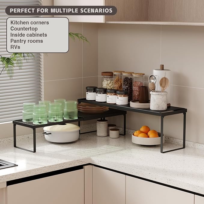 Magheo Expandable Cabinet Shelf Organizer, 2 Pack Stackable Kitchen Counter Shelf Riser, Metal Spice Rack Heavy Duty Countertop Organizer Storage for Kitchen, Pantry, Cupboard, Rv (5.9in Height,Black) - Image 4