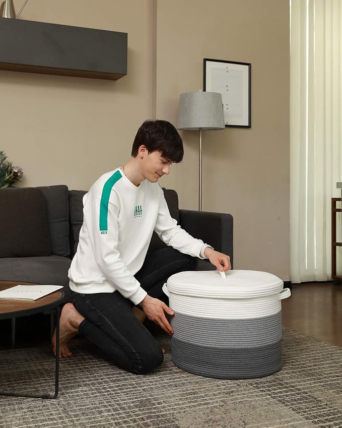 20x15 Inch Extra Large Round Cotton Rope Storage Basket with Lid, Decorative Woven Bin with Cover for Living Room Bedroom Closet, Grey & Dark Grey - Image 3