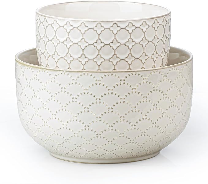 Mikiegy Ceramic Mixing Bowls Set of 2, Nesting Ceramic Embossment Stoneware Mixing Bowls for Cooking, Serving, Popcorn, Salad etc, Microwave & Dishwasher Safe, 44/98 oz, Off-White by MIKIGEY