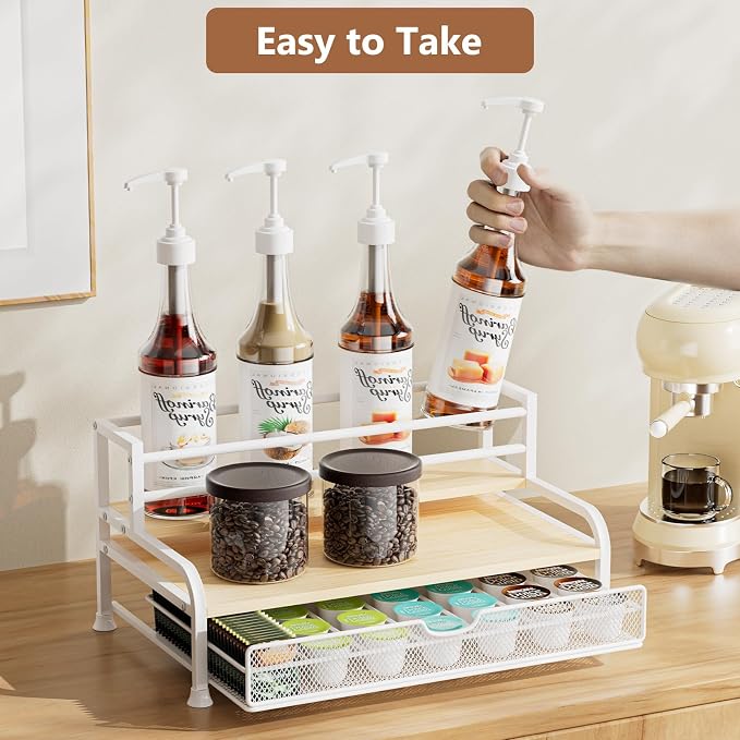 Coffee Syrup Rack Organizer, 3-Tier with 35 K-Cup Pod Holder Drawer | White Metal Rack for 8 Syrup Bottles,Countertop Bottle Holder Stand for Wine,Space-Saving Design for Kitchen Cafe Station - Image 2