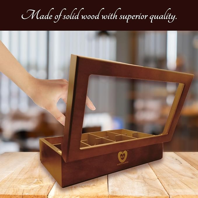 BJOYFUL&LOVED Wooden Tea Box with Glass Lid, 8-Compartment, Walnut Color | Removable Dividers Customize Storage for Tea Bags, Sugar Packets, Coffee Capsules, Jewelry, Watches and Small Accessories - Image 2