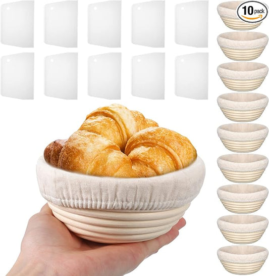 Irenare 10 Pcs Bread Banneton Proofing Basket Round Dough Sourdough Proofing Basket Rattan Bakery Baking Bread Bowl with Liner and Scraper Tool Set for Starter Gifts Professional Home Bakers (5 Inch) by Irenare