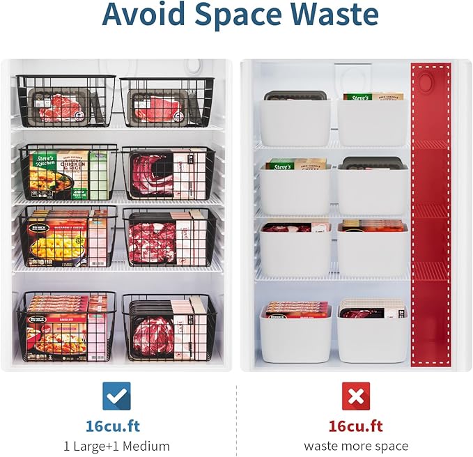 Freezer Organizer Bins - For 16/17/21 Cu Ft Upright Freezer, 4 Pack | Wire Baskets 2 Large & 2 Medium Sizes, Slide-Out for Easy Access, Prevent Food Falling Out, Keep Stand-Up Freezer Tidy, Black - Image 2