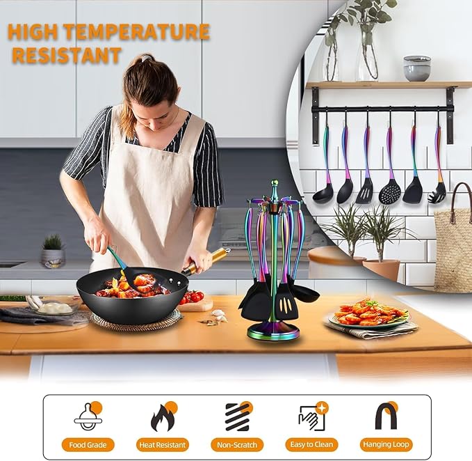 Silicone Cooking Utensil Set,6 pcs Silicone Cooking Kitchen Utensils Set,Non-stick Kitchen Cookware Titanium Stainless Steel Handle with Utensil Holder,Spatula Set for Cooking-Rainbow Color - Image 8