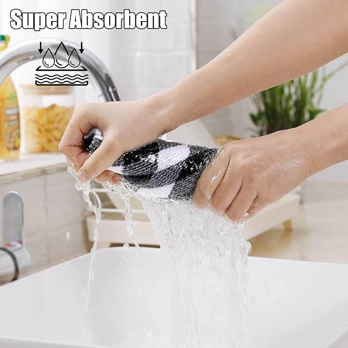 Homaxy Kitchen Towels and Dishcloths Set, Set of 8, Black & White | Bulk Cotton Waffle Weave Check Plaid Kitchen Towels, Super Soft and Absorbent Dish Cloths, 12 x 12 and 13 x 28 Inches - Image 5