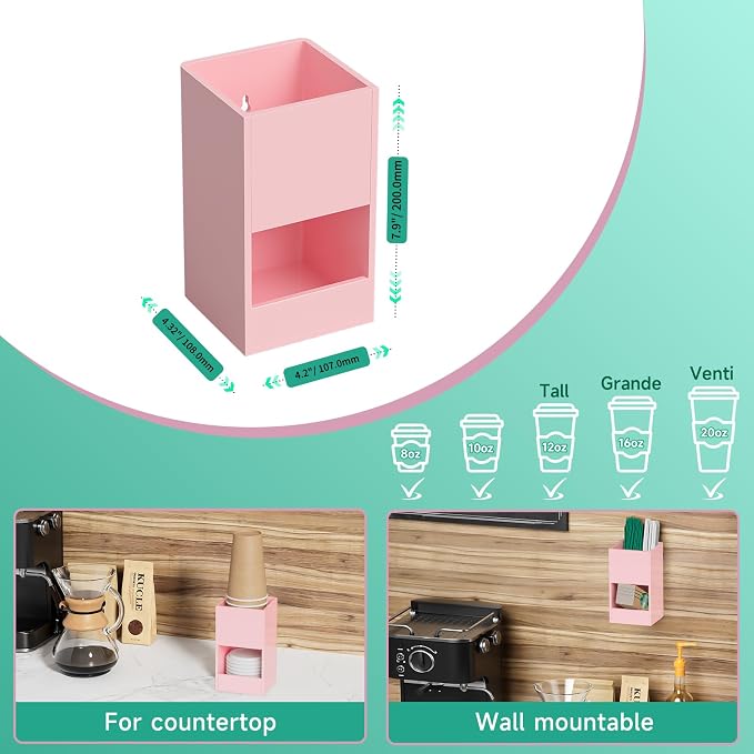 2-Tier Coffee Station Organizer for Countertop, 2 Compartments Pink Acrylic Cup and Lid Holder Tea Condiment Storage Upright Coffee Bar Organizer Pod Dispenser for Office Breakroom Home Kitchen - Image 5