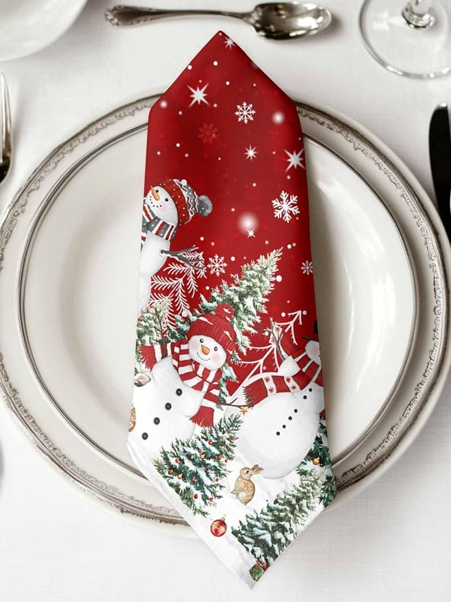 Red Christmas Snowman Dinner Cloth Napkins Set of 8, Xmas Trees Snowflake Snow Washable Cocktail Cloth Napkins, Winter Holiday Reusable Table Napkins for Wedding Holiday Party, 20 x 20 Inch - Image 2
