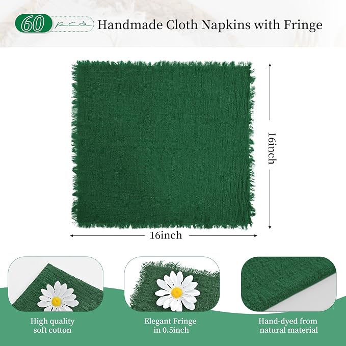 60 Pack Emerald Green Napkins Cotton Linen Napkins 16 x 16 Inch Green Napkins Cloth Handmade with Fringe Soft Napkins Cloth Washable Rustic Dinner Napkins Cloth for Wedding Party Dinner Table - Image 2