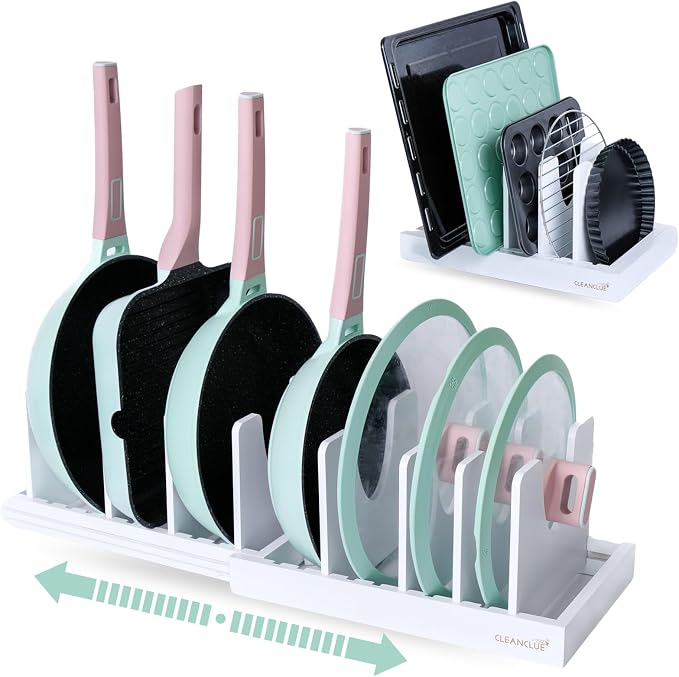 CLEANCLUE Bamboo Pot and Pan Organizers for Kitchen Cabinet Bundle: Black and White - Expandable with Adjustable Dividers - Image 3