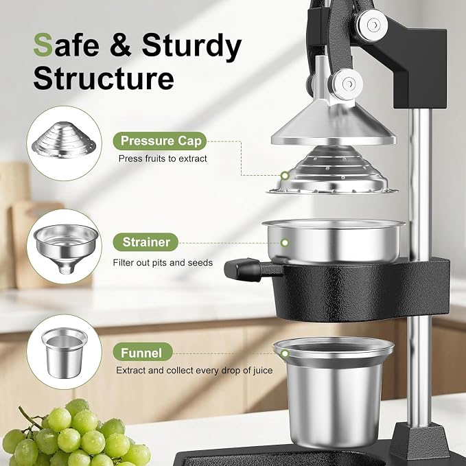Manual Cast Iron Juicer, Commercial Hand Juicer Squeezer with Stainless Steel Cup Heavy-Duty Manual Juicer Hand Press Countertop Citrus Juice Press for Orange, Lemon, Pomegranate, Grapefruit - Image 5