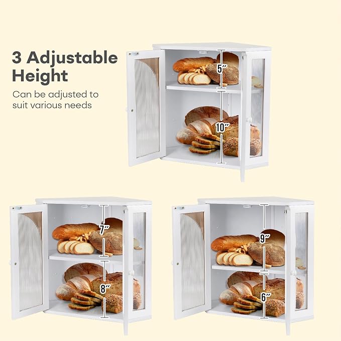 Corner Bread Box for Kitchen Countertop,Double Layer Bread Holder | 3 Adjustable Height, Large Capacity, Magnetic Acrylic Door, Bamboo Bread Storage Container for Homemade Bread, White - Image 3