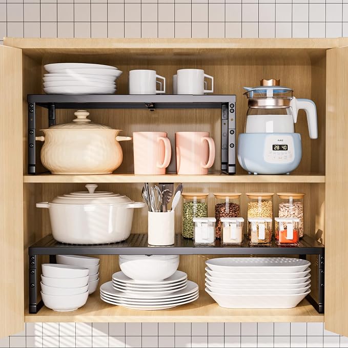 Cabinet Shelf,Expandable Adjustable Stackable Kitchen Organizer,for cabinets, Kitchens, countertops, bathrooms Shelf Organizer(3Packs/Black,Large) - Image 9