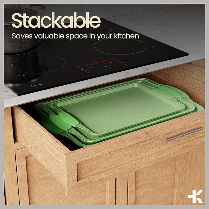 BAKKEN Kitchen Baking Pan Set - Nonstick Green Marble Coating, Carbon Steel Bakeware Sets with Green Silicone Handles, Kitchen Essentials, PFOA, PFOS, PTFE Free, Oven Safe (Up To 450° F), Set of 6 - Image 6