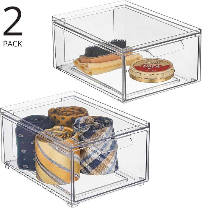 mDesign Stackable Storage Containers Box with 2 Pull-Out Drawers - Stacking Plastic Drawer Bins for Closet Organization, Linen, Coat, Bedroom or Entryway Closets - Lumiere Collection - 2 Pack - Clear - Image 4