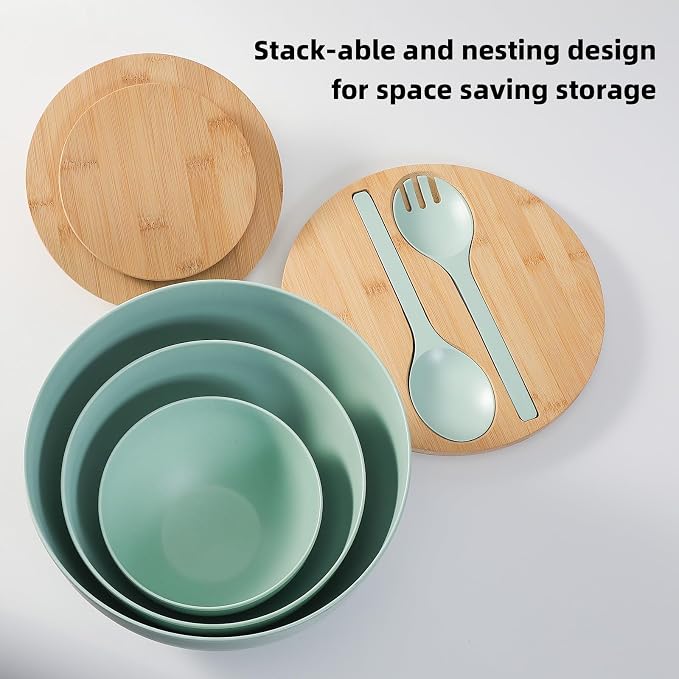 ECOWAY Salad Bowls Set of 3 with Lid & Serving Utensils, Bamboo Fiber Mixing Bowls Set Large Serving Bowls & Storage Set with Bamboo Lid for Salad, Kitchen Eating, Pasta, Popcorn, Chips, Fruit, Cyan - Image 4