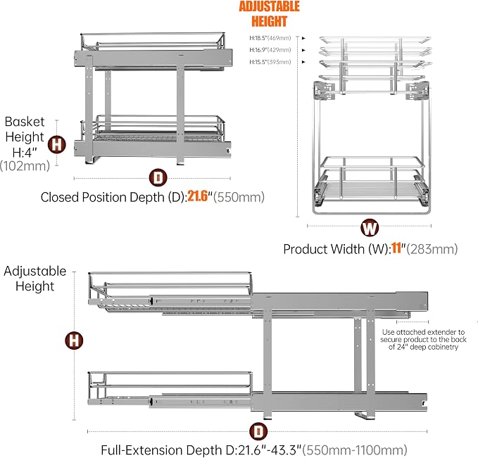 2-Tier Cabinet Pull Out Shelves, 11" W x 22" D, Chrome | Heavy-Gauge Wire Kitchen Cabinet Organizer, 100 lbs Capacity, Ball-Bearing Glides, Min 12" Opening, For Pantry Storage - Image 5