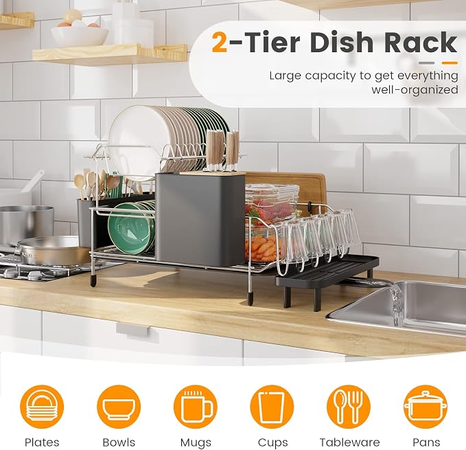 GOFLAME Dish Drying Rack with Drainboard, 2-Tier Detachable Dish Rack with 360°Swivel Spout, Utensil Holder, Cup Holder, Large Capacity Dish Drainer Set for Kitchen Counter - Image 5