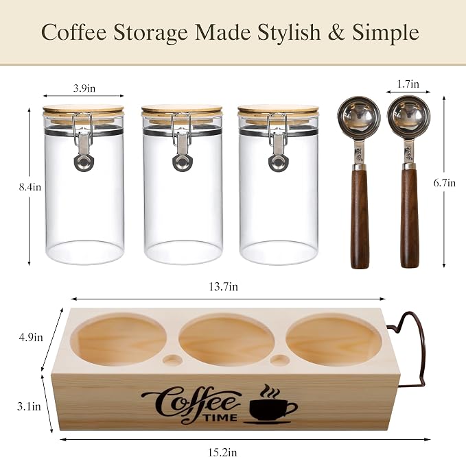 Glass Coffee Canister Set with Shelf & Spoons - 3 Piece Airtight Seal Coffee Bean Storage Containers & Filter Holder for Kitchen Organization - Image 2