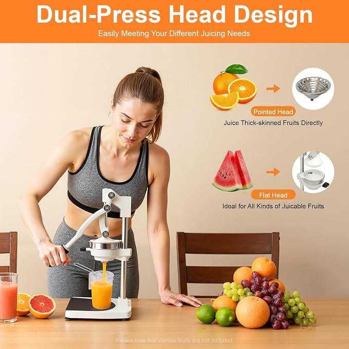 Manual Juicer, Commercial Stainless Steel Hand Press Citrus Juicer with Double Press Heads, Heavy Duty Orange Lemon Squeezer for Fresh Orange Lemon Pomegranate Watermelon, Silver - Image 2