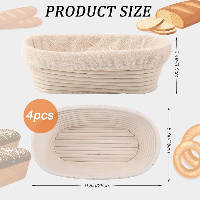 Nalcant 4 Pack Oval Banneton Proofing Basket Set 10 Inch, Natural Rattan Sourdough Bread Baskets with Linen Liners, Artisan Dough Rising Bowls for Home & Professional Bakers (10" Oval, Set of 4) - Image 2