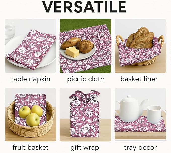 Mauve Vine Garden Hand Block Print 100% Cotton Napkins 18" x 18" (Set of 4) Reuseable Kitchen Napkins Cloth Decor Dinner Party Wedding Cocktail Gift for Spring, Easter, Summer - Image 7
