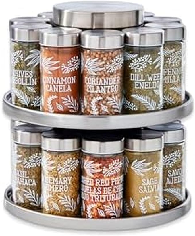 Kamenstein Salem 20-Jar Rotating Spice Rack with Spices Included, Stainless Steel Countertop Organizer with Sifter Caps and Tool Caddy, Spice Set for Kitchen Organization by Kamenstein