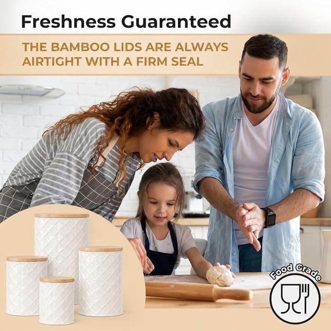 Pebble & Stem® Cream Metal Canister Set for the Kitchen Counter, Food Canister Set of 4, Airtight Lids, Sugar and Flour Containers for Countertops, Coffee and Tea Storage, Farmhouse Decor - Image 5