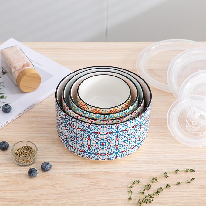 Ceramic Nesting Bowl Set with Lids, Microwave Safe, Set of 4 | Mixing Bowls & Food Storage Containers for Kitchen Prep & Serving (50/32/20/10 oz) - Image 4