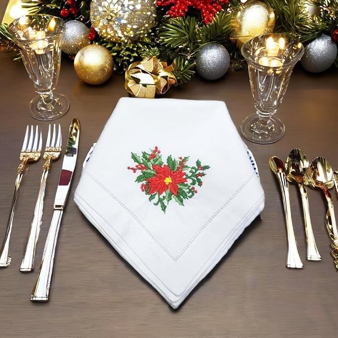 Embroidered Cloth Napkin Red Poinsettia and Berry Christmas Cotton Napkins Set of 6, 20 x 20 Hemstitch Table Napkins Machine Washable, Daily & Holidays, Great Gift Ideas - Image 8