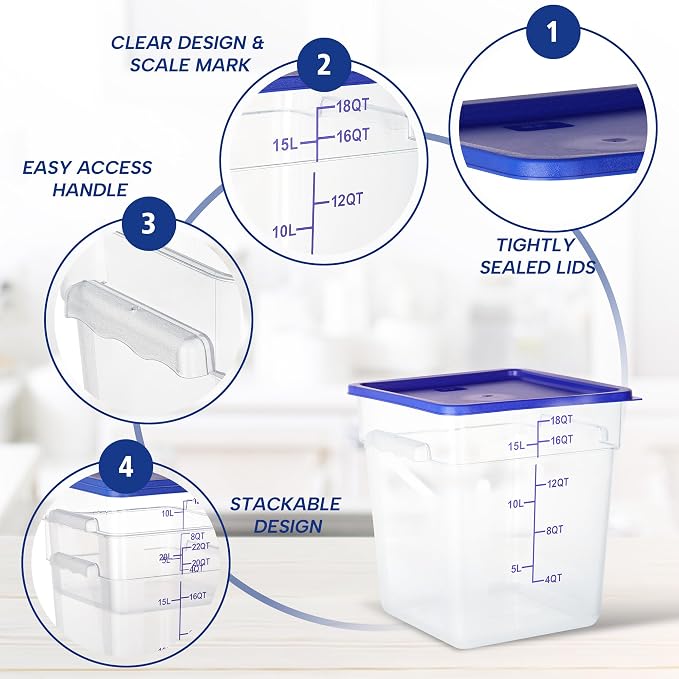 4 Pack 18QT Square Food Storage Containers with Lids | Clear NSF polycarbonate containers with scale, label and measuring cup, stackable for prep, storage, freezer. Dishwasher safe - Image 4