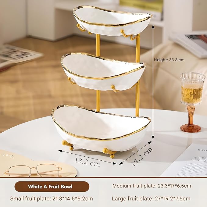 XUDREZ 3 Tier Fruit Bowl with Metal Stand for Kitchen Counter, Ceramic White Gold Silver, Tiered Fruit Basket for Nuts, Snacks, Bread, Candy Storage (White A) - Image 2