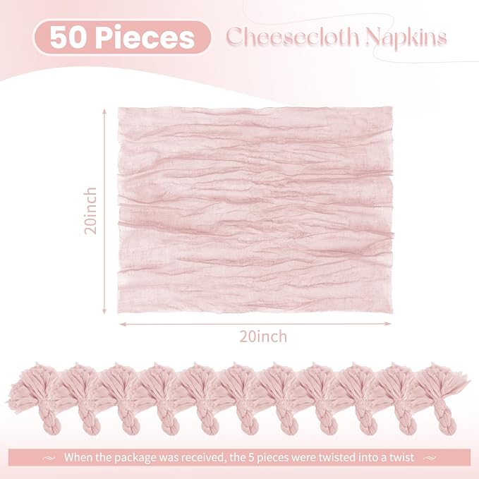 50 Pack Dusty Pink Cloth Napkins 20x20Inch Cheesecloth Napkins | Elegant Cloth Napkins for Table, Washable Rustic Boho Gauze Napkins, for Wedding Party Bridal Baby Shower Dinner Table Decor - Image 2